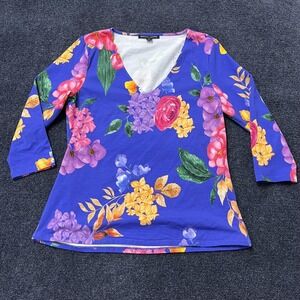 Boston Proper Shirt Womens Large Blue Bright Floral V Neck 3/4 Sleeve Top